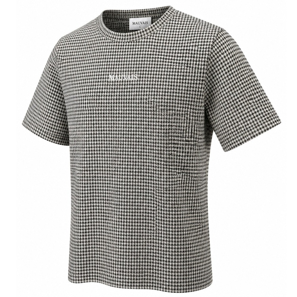 Mauvais T-Shirt Mens L Houndstooth Knit Logo Brown White Regular Fit Modern